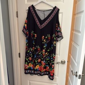 Floral Embroidered V-Neck Dress with shoulder exposed sleeves